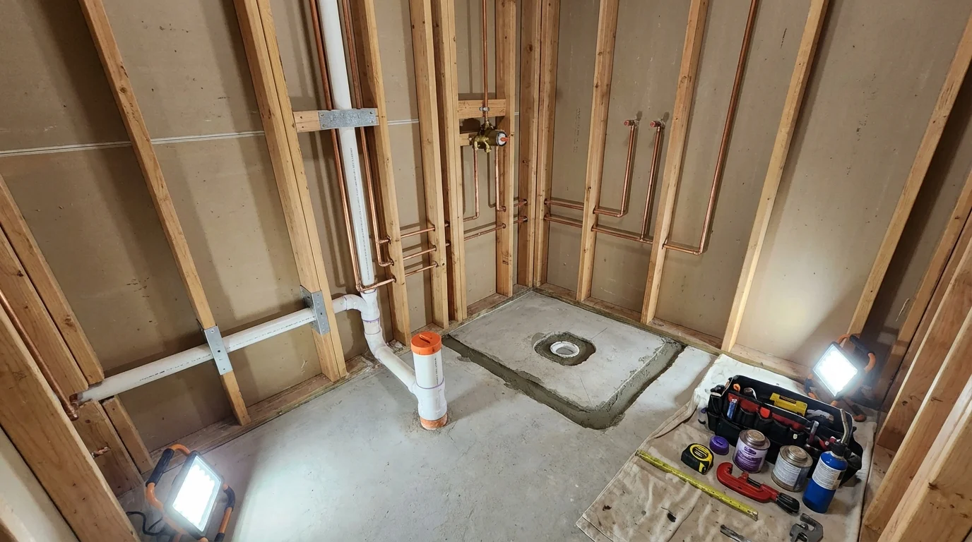 Bathroom rough-in plumbing during remodel by Johns Plumbing LLC in Elon