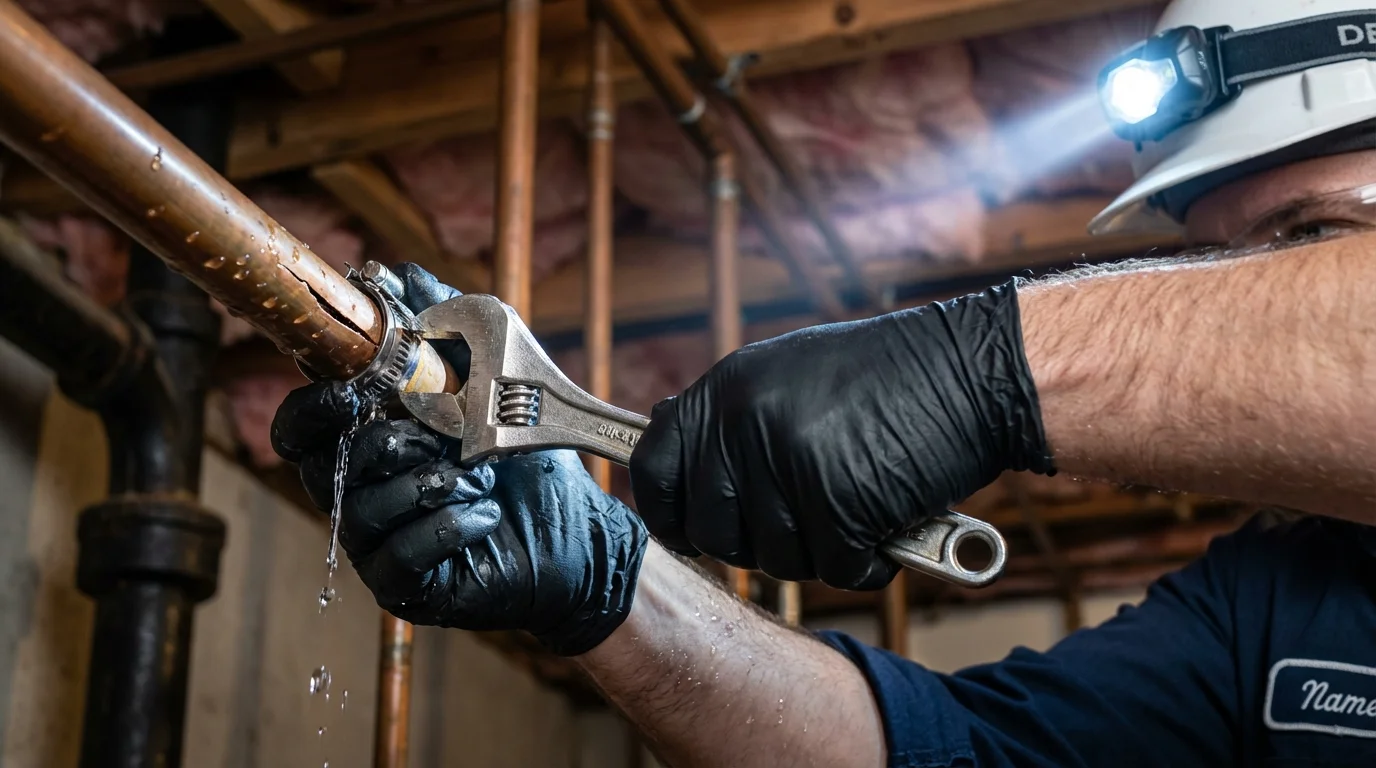 Emergency pipe clamp repair being performed by a Johns Plumbing LLC plumber in Elon