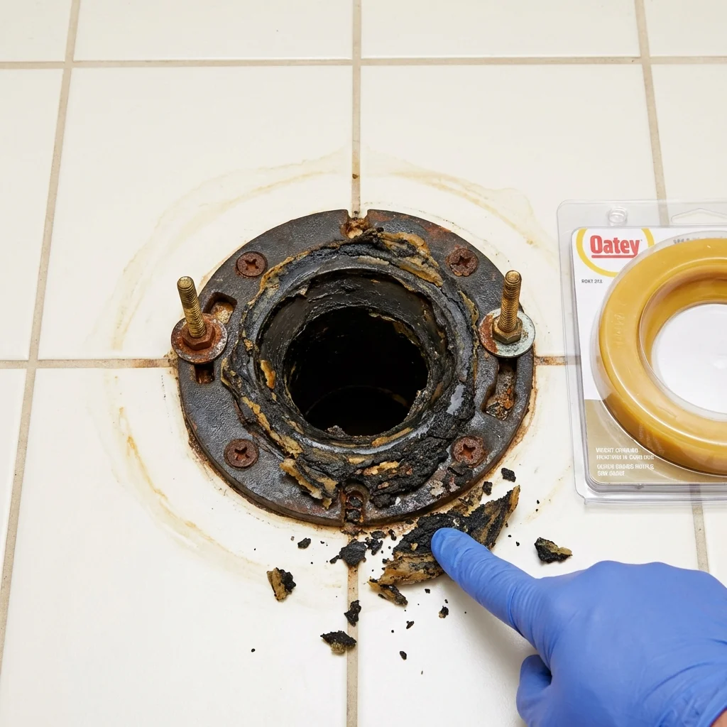 Failed wax ring showing water seepage at the base of a toilet in a Elon, NC home