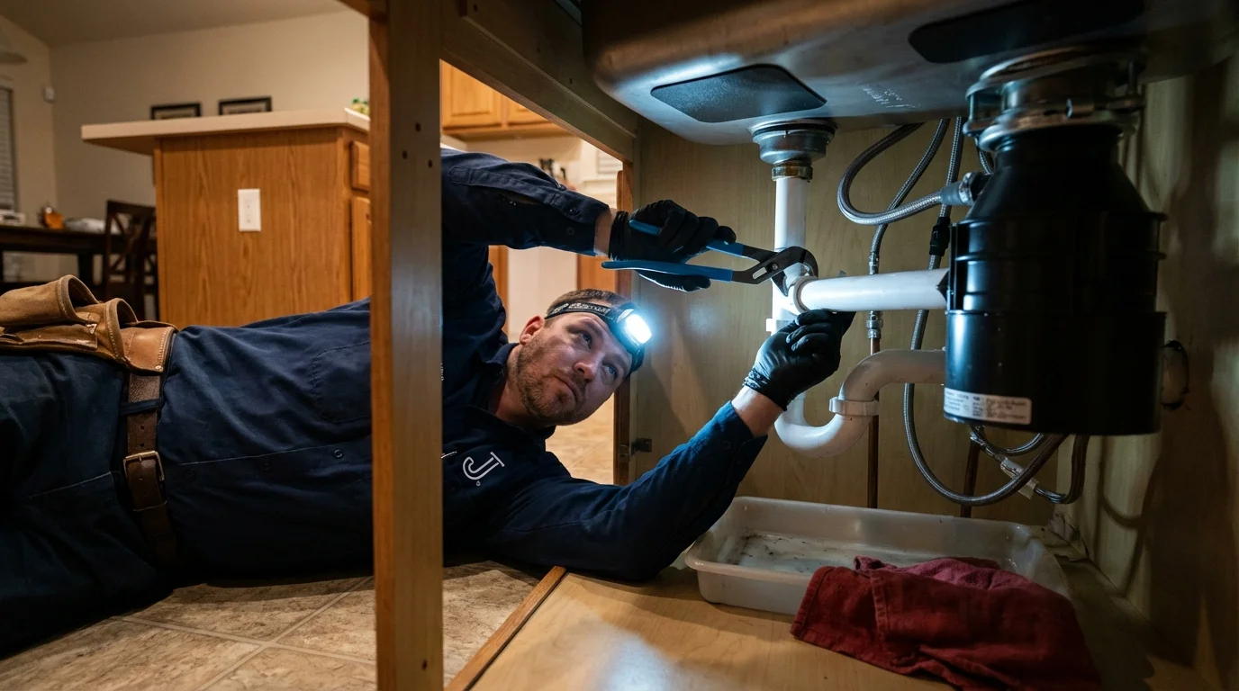 P-trap and supply line connections under a kitchen sink showing a common leak point in Elon, NC